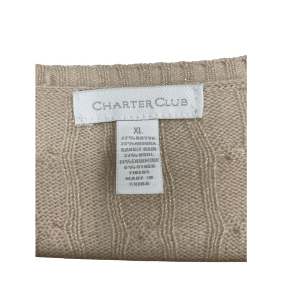 Charter Club Women’s V neck Knit Sweater Cashmere Angora Cable Knit Neutral - Picture 2 of 8